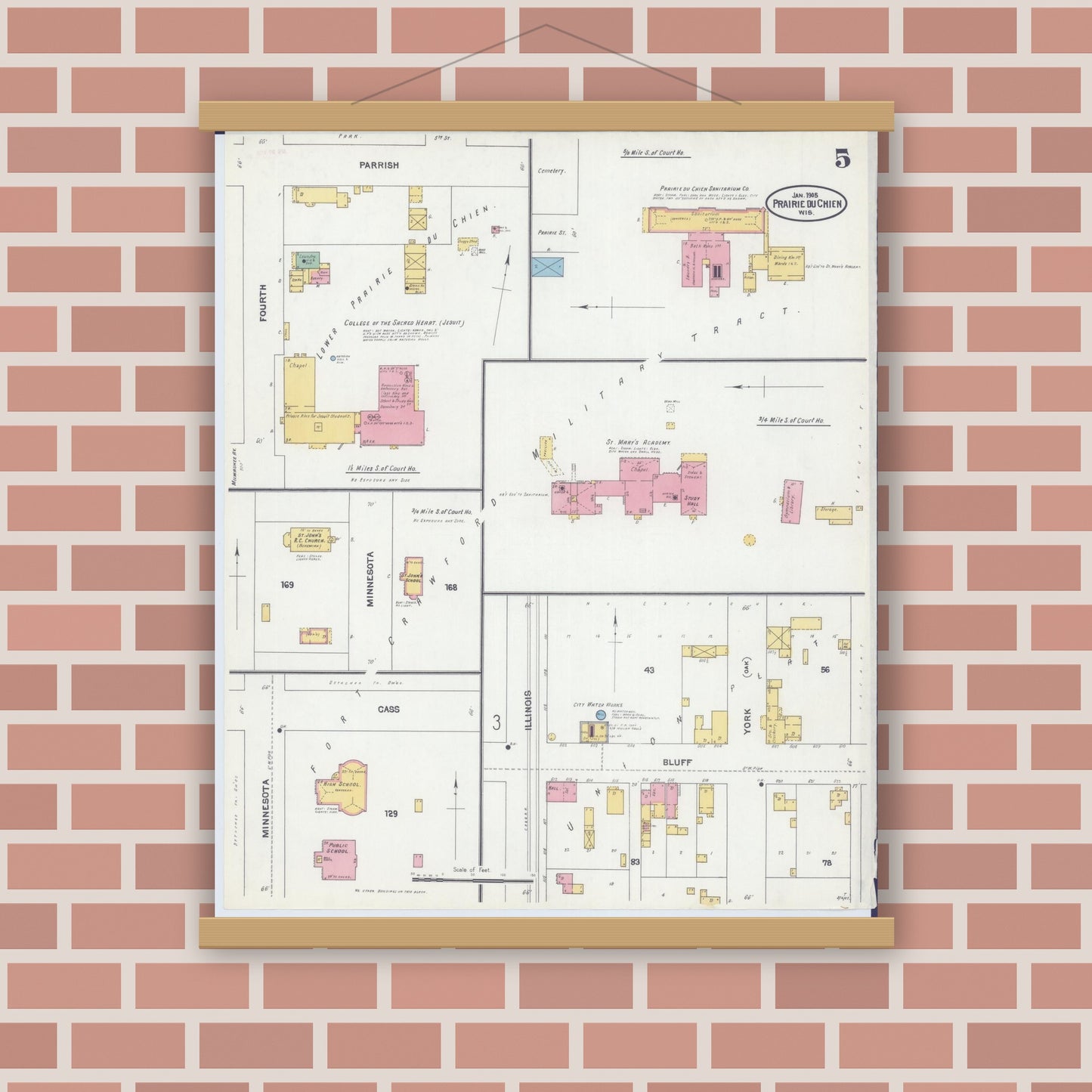 Old map wall art mockup — magnetic wood frame on brick wall — Sanborn Fire Insurance Map from Prairie du Chien, Crawford County, Wisconsin (1905), Sheet #0005