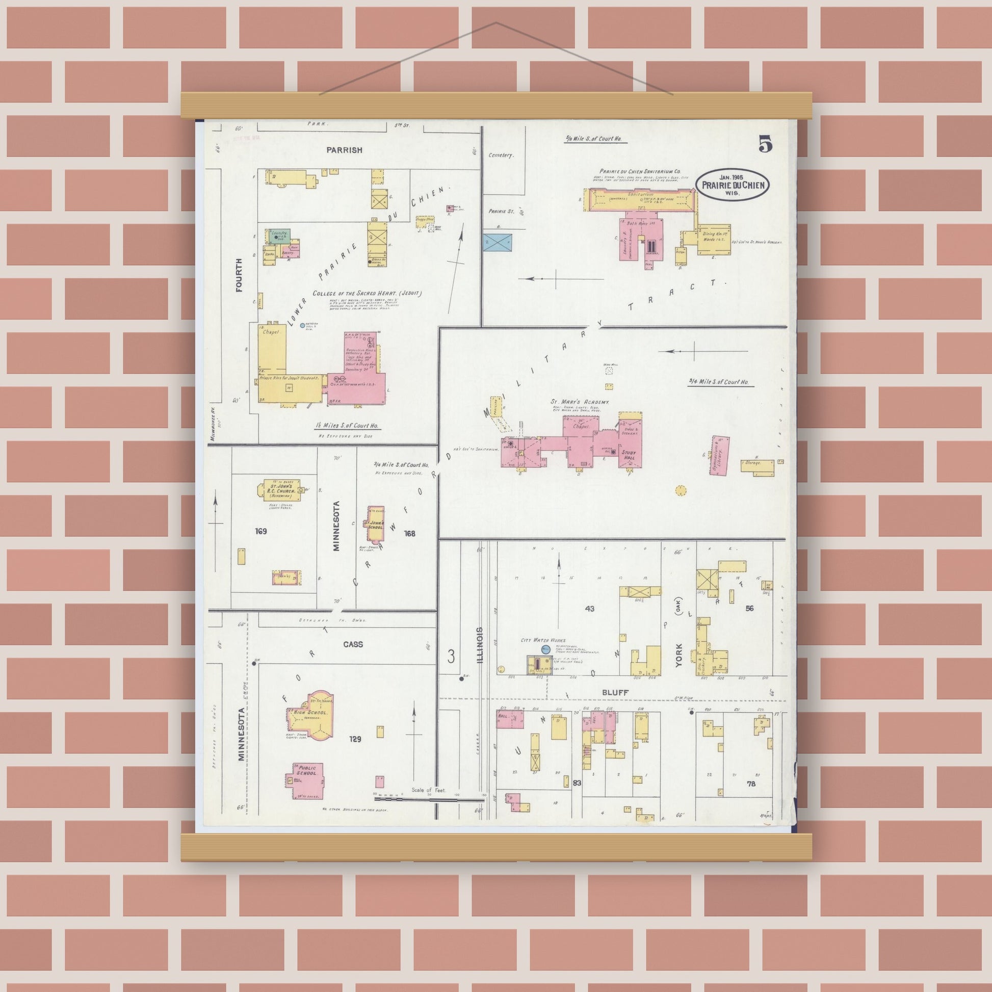 Old map wall art mockup — magnetic wood frame on brick wall — Sanborn Fire Insurance Map from Prairie du Chien, Crawford County, Wisconsin (1905), Sheet #0005