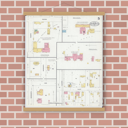 Old map wall art mockup — magnetic wood frame on brick wall — Sanborn Fire Insurance Map from Prairie du Chien, Crawford County, Wisconsin (1905), Sheet #0005