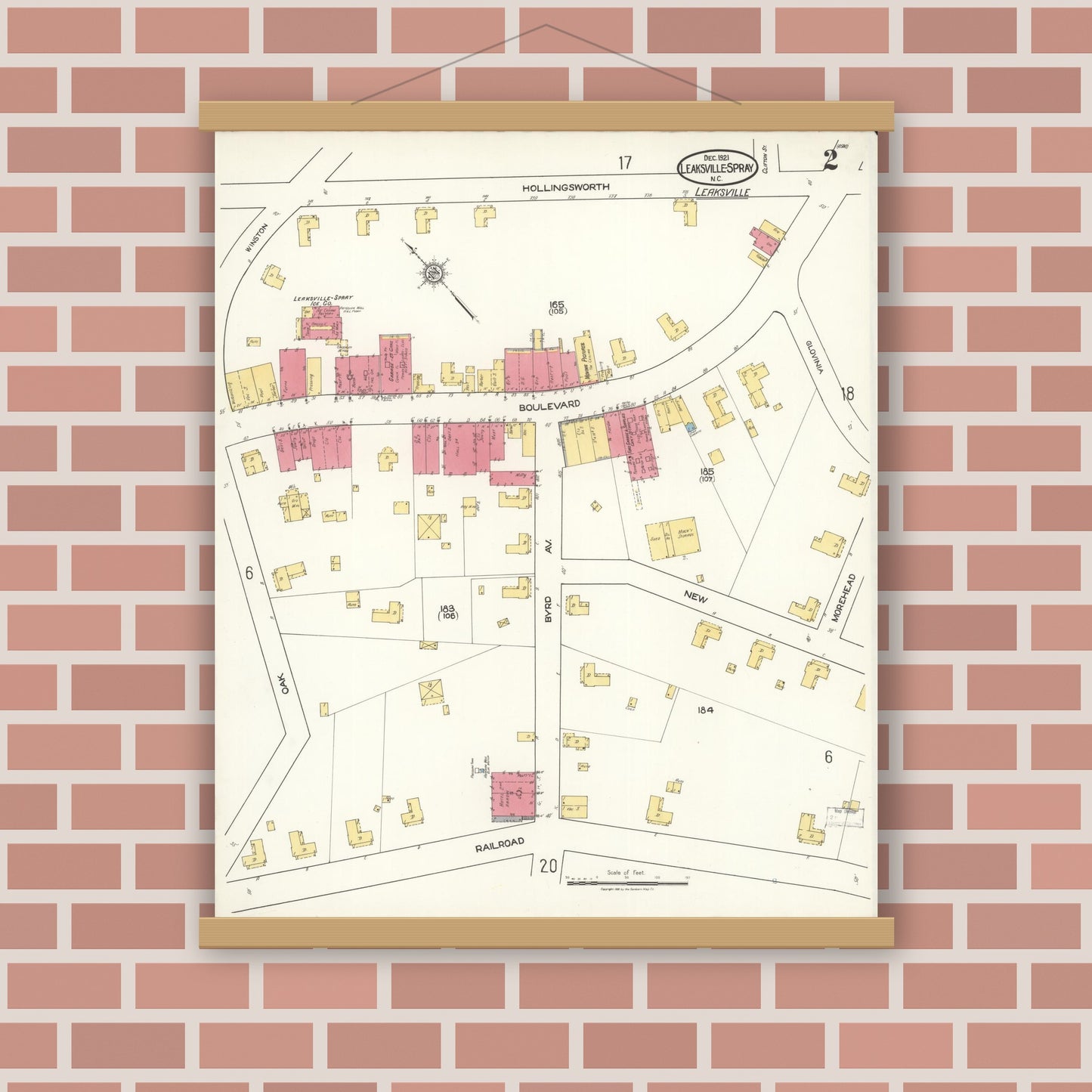 Old map wall art mockup — magnetic wood frame on brick wall — Sanborn Fire Insurance Map from Leaksville-spray, Rockingham County, North Carolina (1921), Sheet #0002