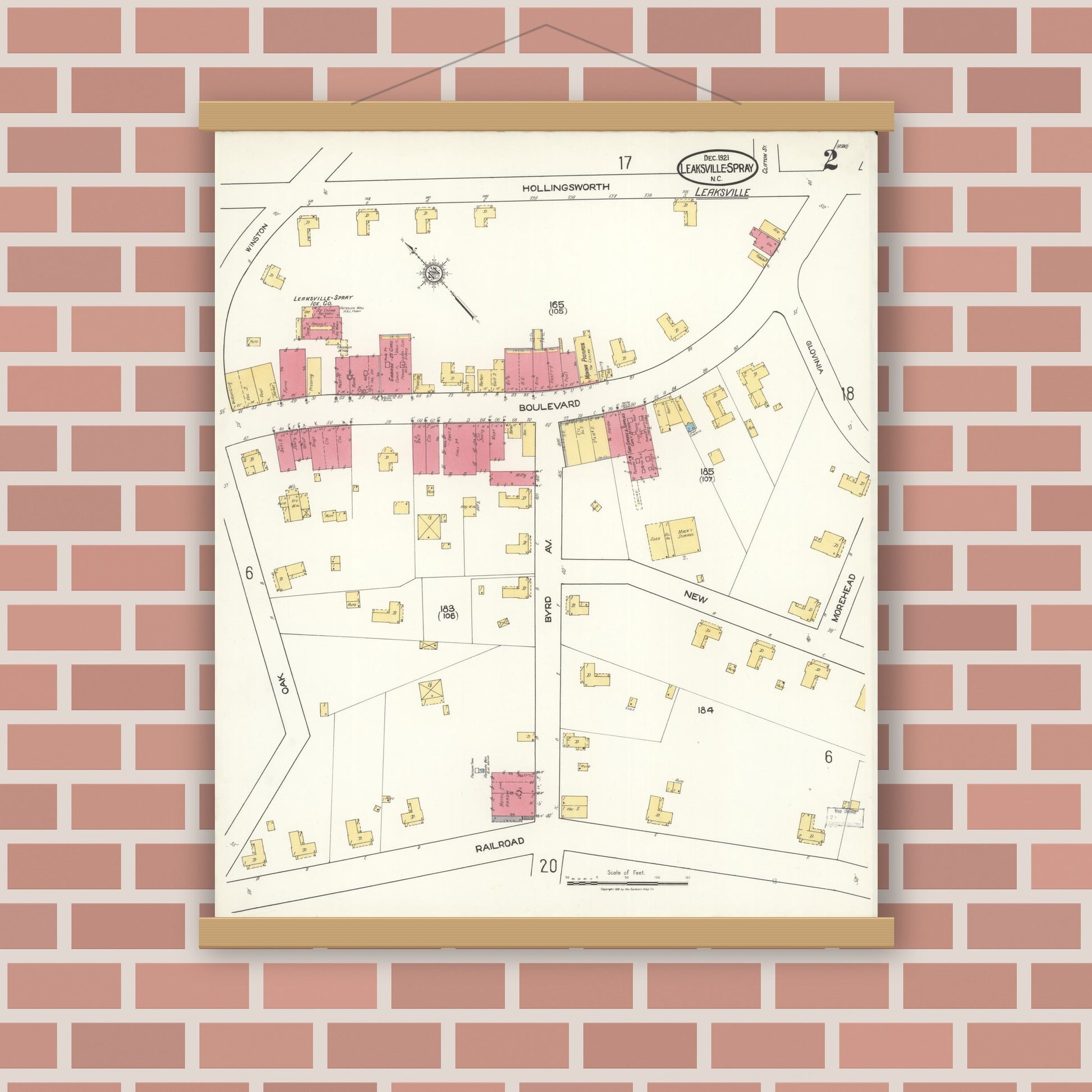 Old map wall art mockup — magnetic wood frame on brick wall — Sanborn Fire Insurance Map from Leaksville-spray, Rockingham County, North Carolina (1921), Sheet #0002
