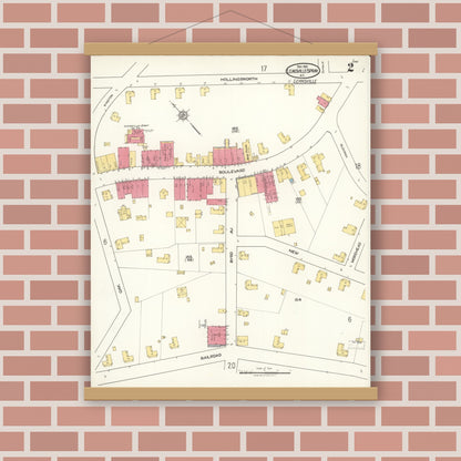 Old map wall art mockup — magnetic wood frame on brick wall — Sanborn Fire Insurance Map from Leaksville-spray, Rockingham County, North Carolina (1921), Sheet #0002