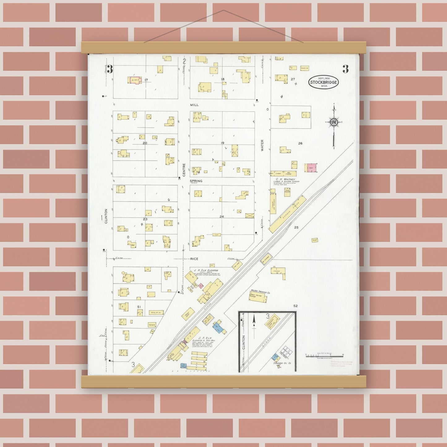 Old map wall art mockup — magnetic wood frame on brick wall — Sanborn Fire Insurance Map from Stockbridge, Ingham County, Michigan (1930), Sheet #0003