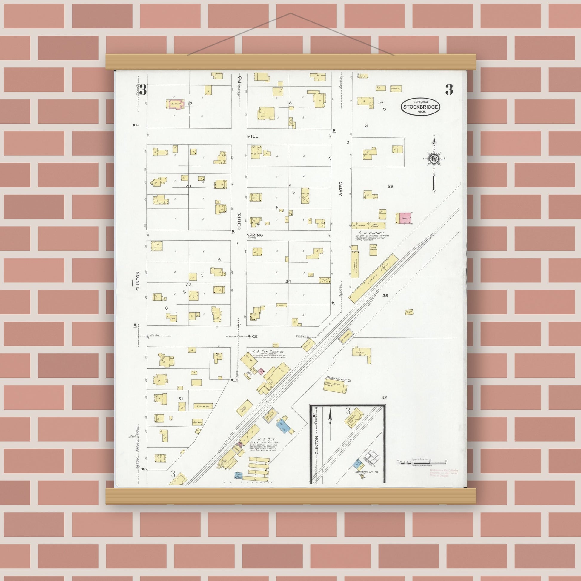 Old map wall art mockup — magnetic wood frame on brick wall — Sanborn Fire Insurance Map from Stockbridge, Ingham County, Michigan (1930), Sheet #0003