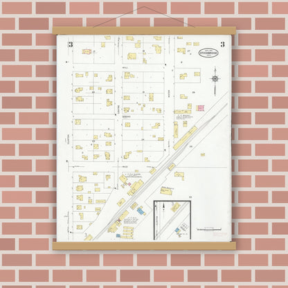 Old map wall art mockup — magnetic wood frame on brick wall — Sanborn Fire Insurance Map from Stockbridge, Ingham County, Michigan (1930), Sheet #0003