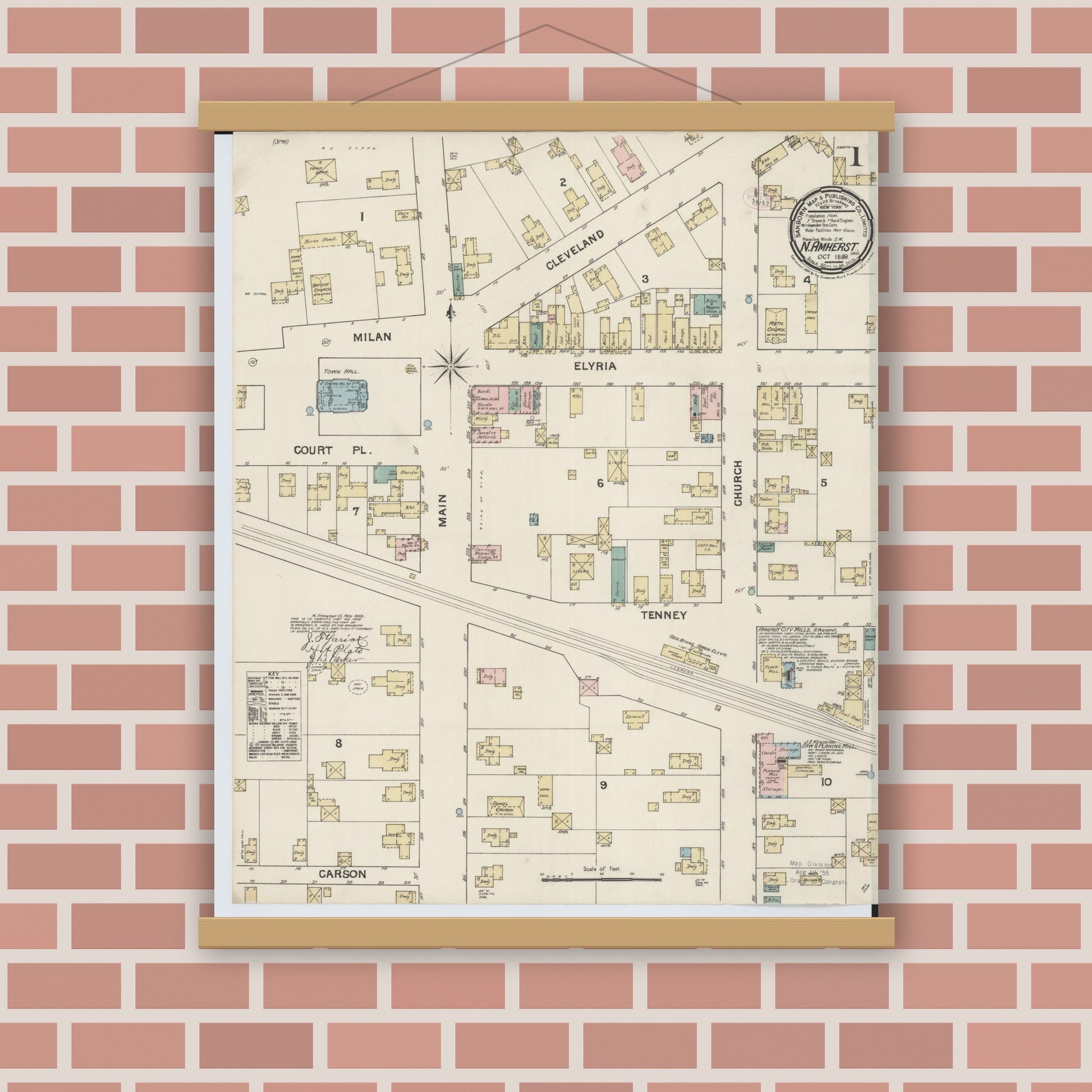 Old map wall art mockup — magnetic wood frame on brick wall — Sanborn Fire Insurance Map from North Amherst, Lorain County, Ohio (1888), Sheet #0001