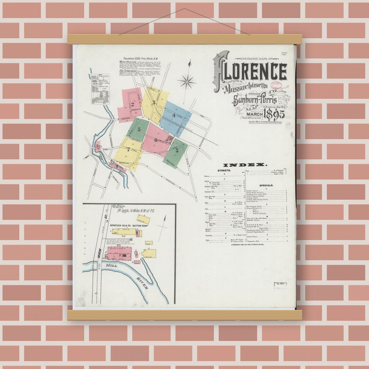 Old map wall art mockup — magnetic wood frame on brick wall — Sanborn Fire Insurance Map from Florence, Hampshire County, Massachusetts (1895), Sheet #0001
