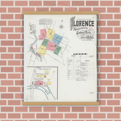 Old map wall art mockup — magnetic wood frame on brick wall — Sanborn Fire Insurance Map from Florence, Hampshire County, Massachusetts (1895), Sheet #0001