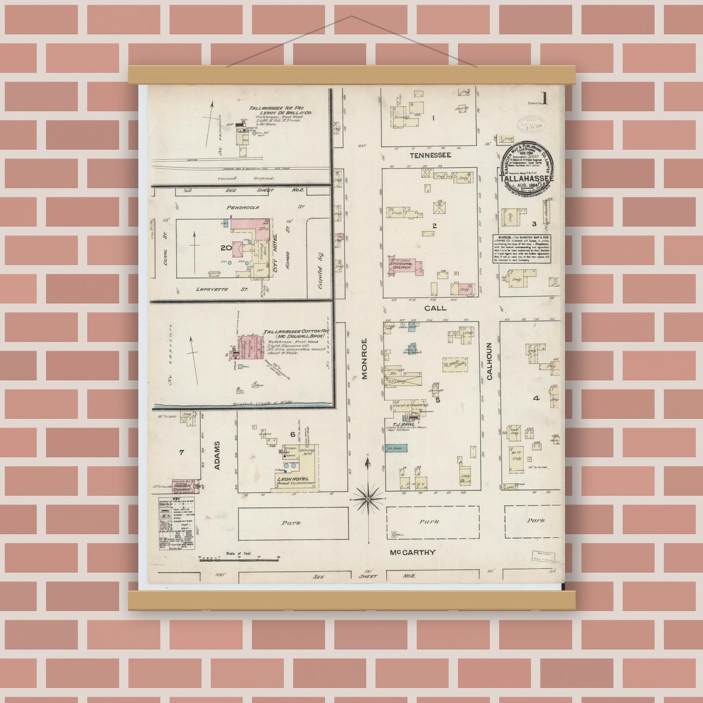 Old map wall art mockup — magnetic wood frame on brick wall — Sanborn Fire Insurance Map from Tallahassee, Leon County, Florida (1884), Sheet #0001