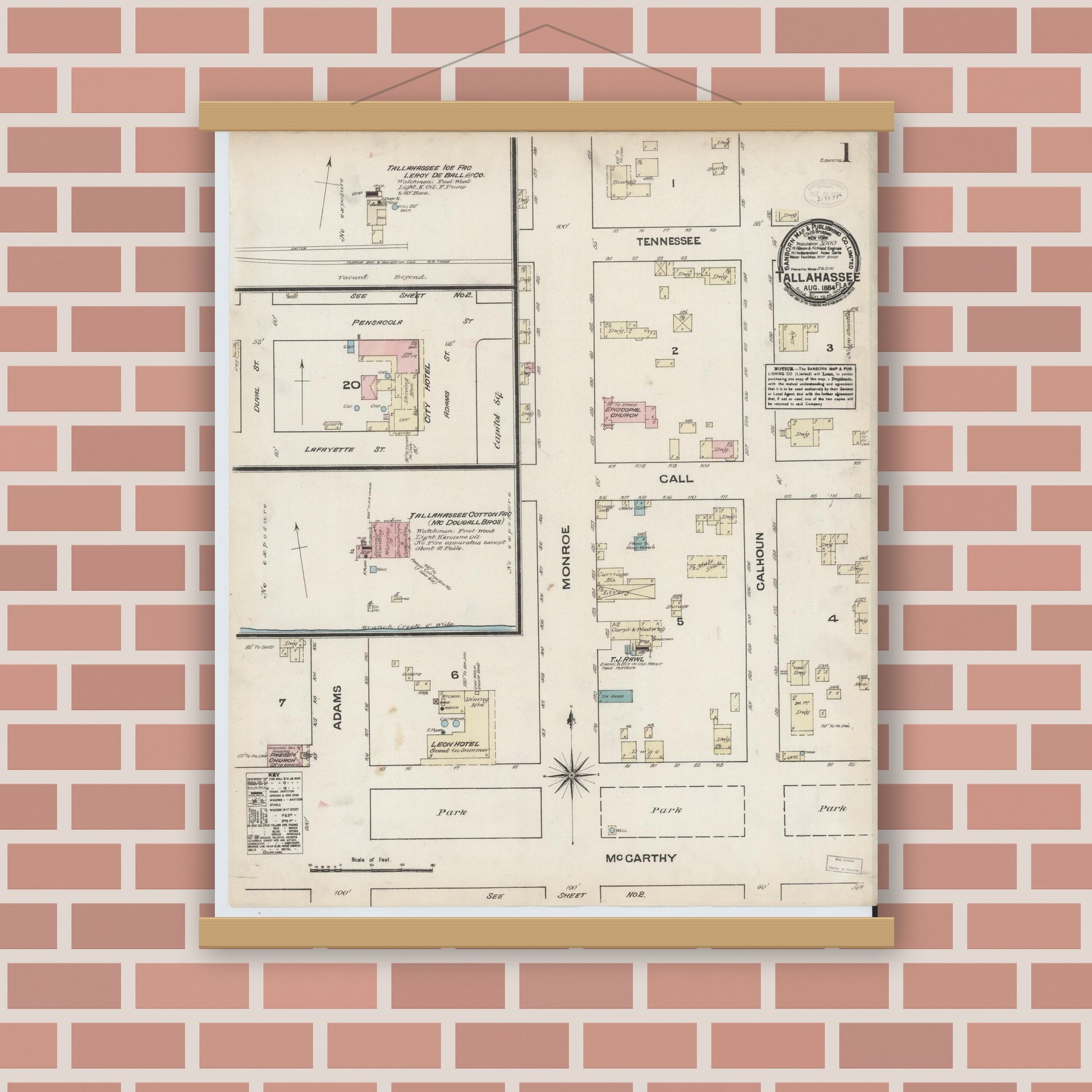 Old map wall art mockup — magnetic wood frame on brick wall — Sanborn Fire Insurance Map from Tallahassee, Leon County, Florida (1884), Sheet #0001