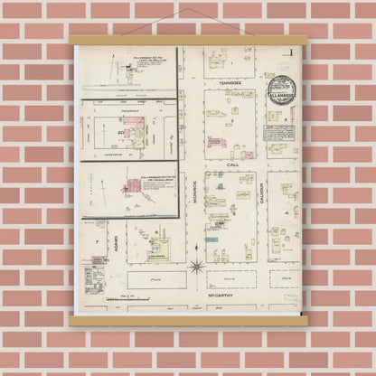 Old map wall art mockup — magnetic wood frame on brick wall — Sanborn Fire Insurance Map from Tallahassee, Leon County, Florida (1884), Sheet #0001