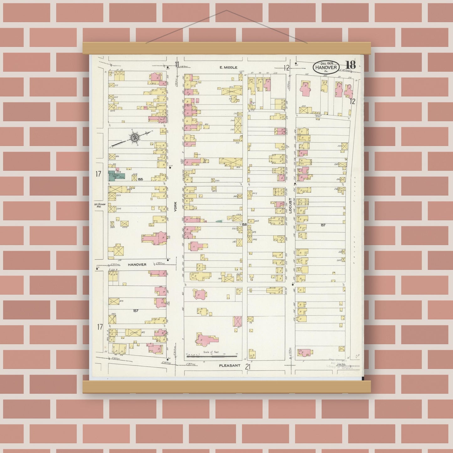Old map wall art mockup — magnetic wood frame on brick wall — Sanborn Fire Insurance Map from Hanover, York County, Pennsylvania (1909), Sheet #0018