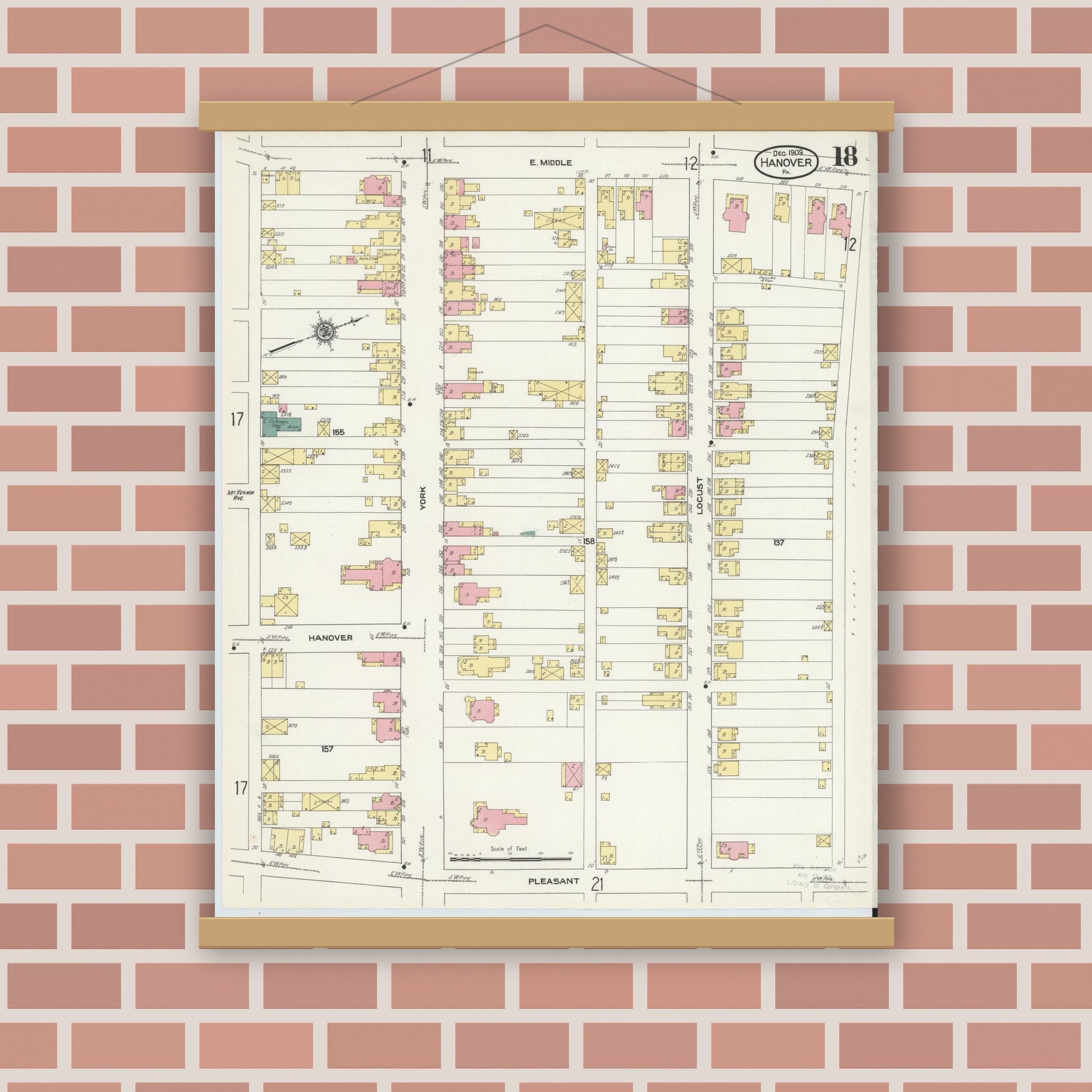 Old map wall art mockup — magnetic wood frame on brick wall — Sanborn Fire Insurance Map from Hanover, York County, Pennsylvania (1909), Sheet #0018