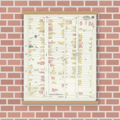 Old map wall art mockup — magnetic wood frame on brick wall — Sanborn Fire Insurance Map from Hanover, York County, Pennsylvania (1909), Sheet #0018