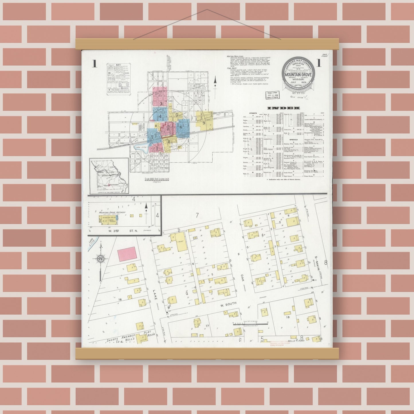 Old map wall art mockup — magnetic wood frame on brick wall — Sanborn Fire Insurance Map from Mountain Grove, Wright County, Missouri (1929) - Complete Map Set
