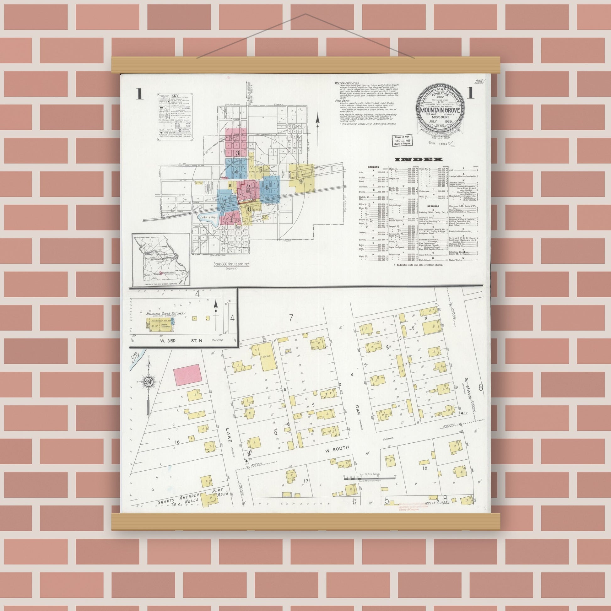 Old map wall art mockup — magnetic wood frame on brick wall — Sanborn Fire Insurance Map from Mountain Grove, Wright County, Missouri (1929) - Complete Map Set