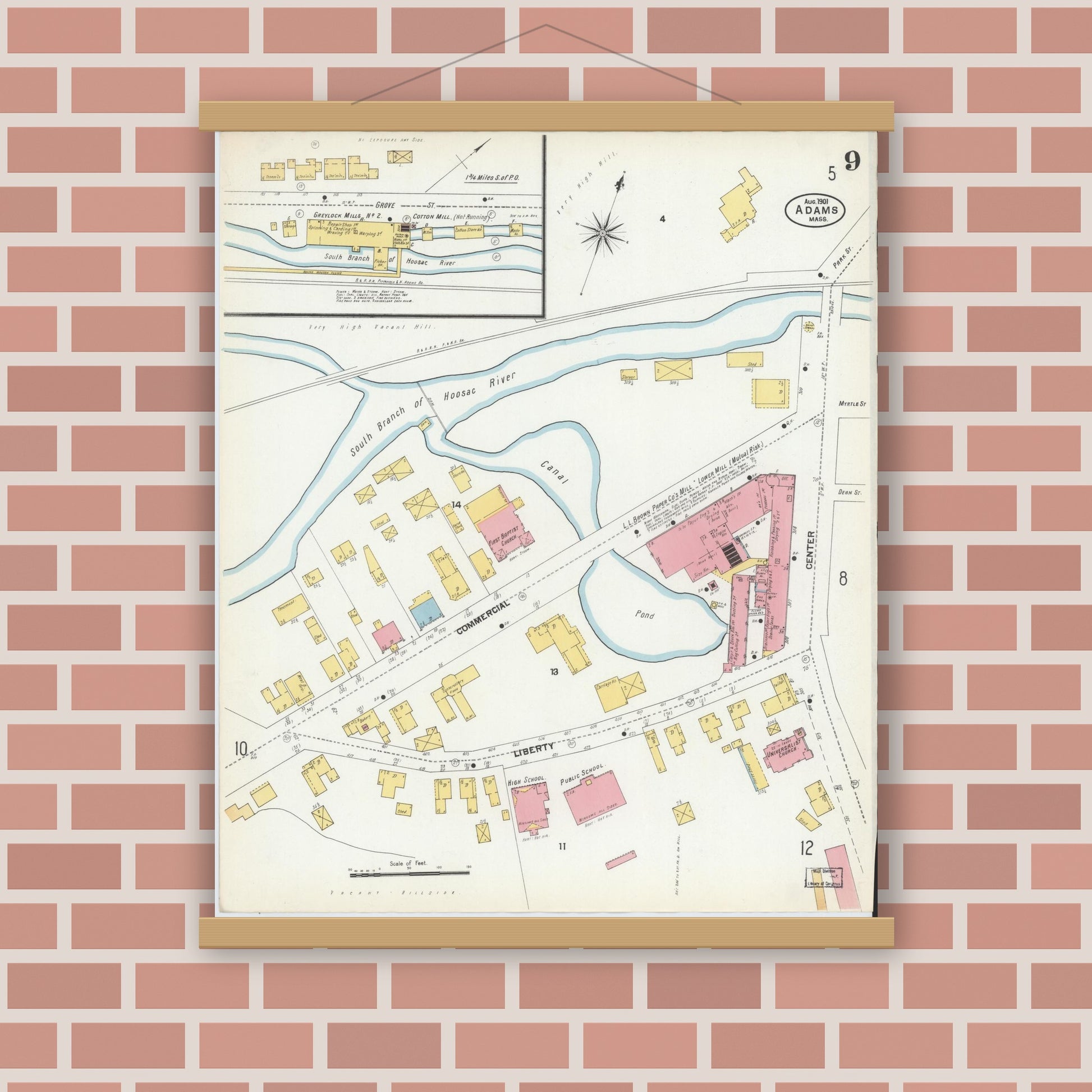 Old map wall art mockup — magnetic wood frame on brick wall — Sanborn Fire Insurance Map from Adams, Berkshire County, Massachusetts (1901), Sheet #0009