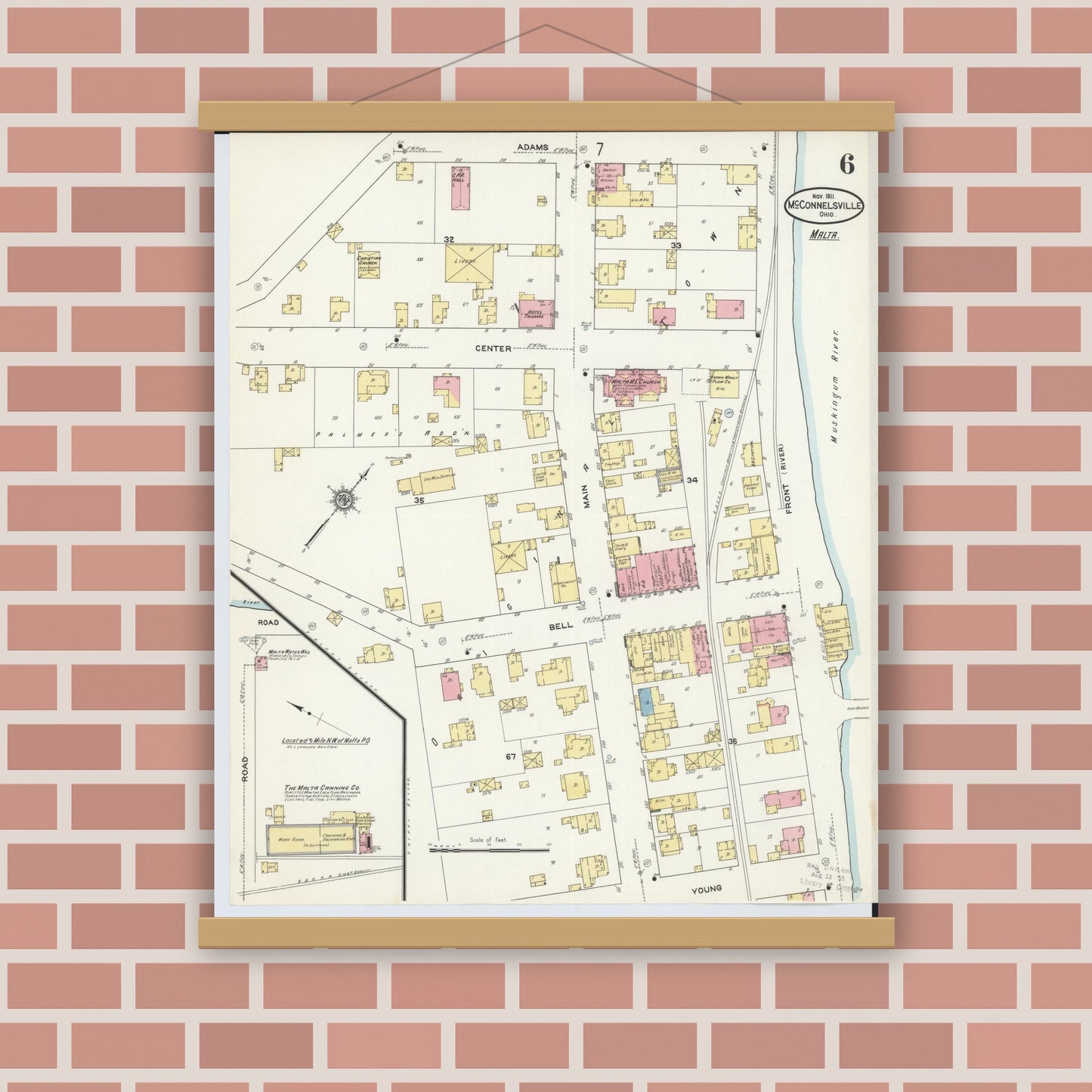 Old map wall art mockup — magnetic wood frame on brick wall — Sanborn Fire Insurance Map from McConnelsville, Morgan County, Ohio (1911), Sheet #0006