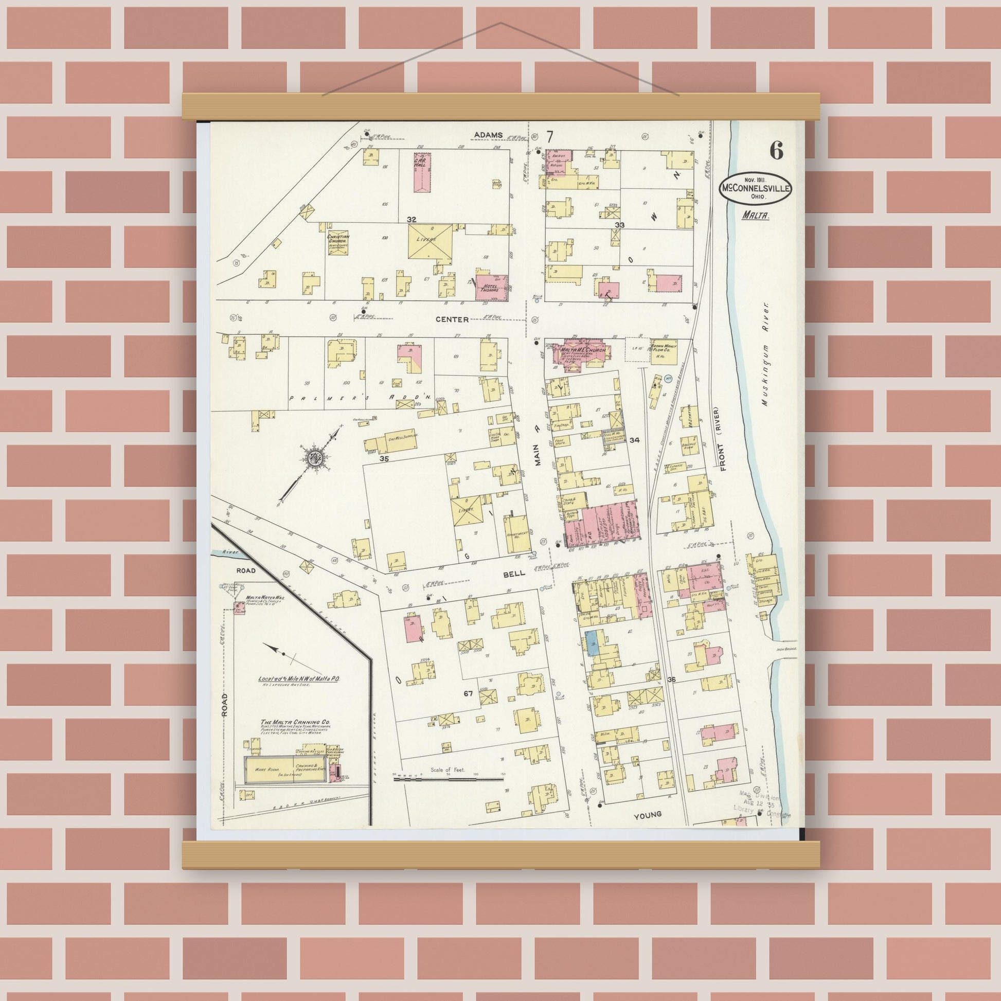 Old map wall art mockup — magnetic wood frame on brick wall — Sanborn Fire Insurance Map from McConnelsville, Morgan County, Ohio (1911), Sheet #0006