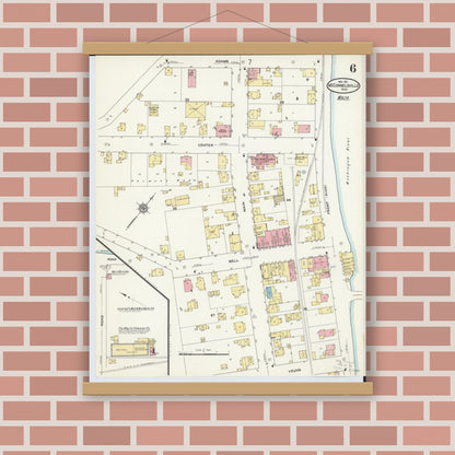 Old map wall art mockup — magnetic wood frame on brick wall — Sanborn Fire Insurance Map from McConnelsville, Morgan County, Ohio (1911), Sheet #0006
