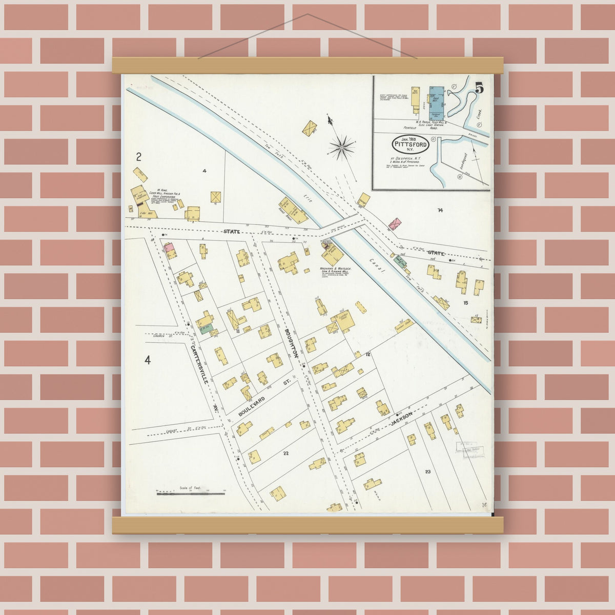 Old map wall art mockup — magnetic wood frame on brick wall — Sanborn Fire Insurance Map from Pittsford, Monroe County, New York (1905), Sheet #0005