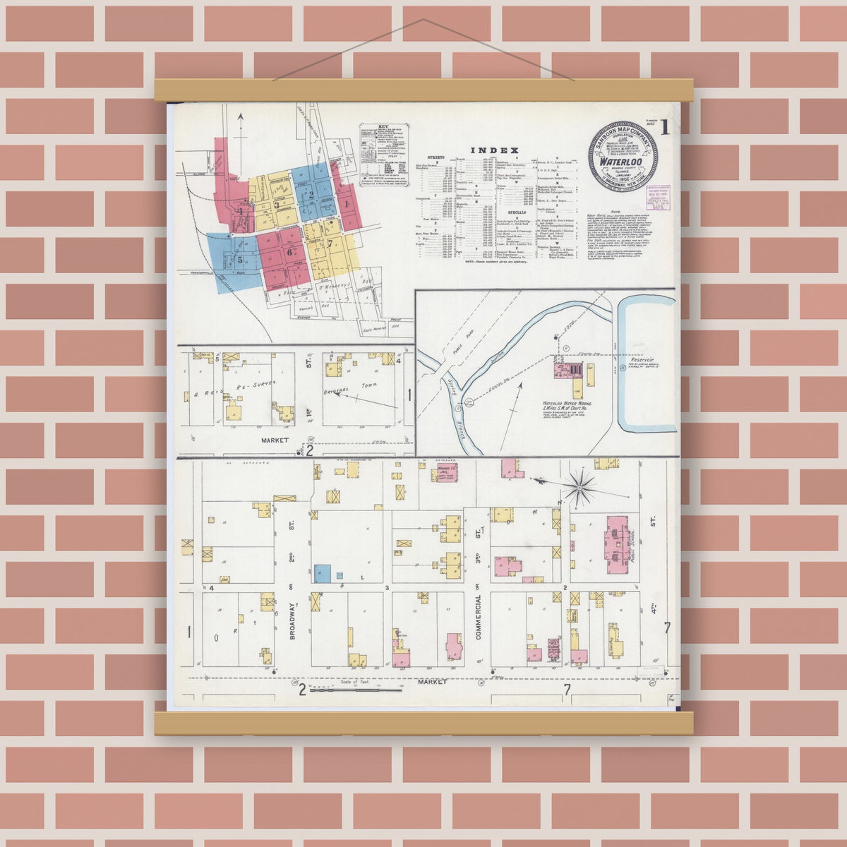 Old map wall art mockup — magnetic wood frame on brick wall — Sanborn Fire Insurance Map from Waterloo, Monroe County, Illinois (1906) - Complete Map Set