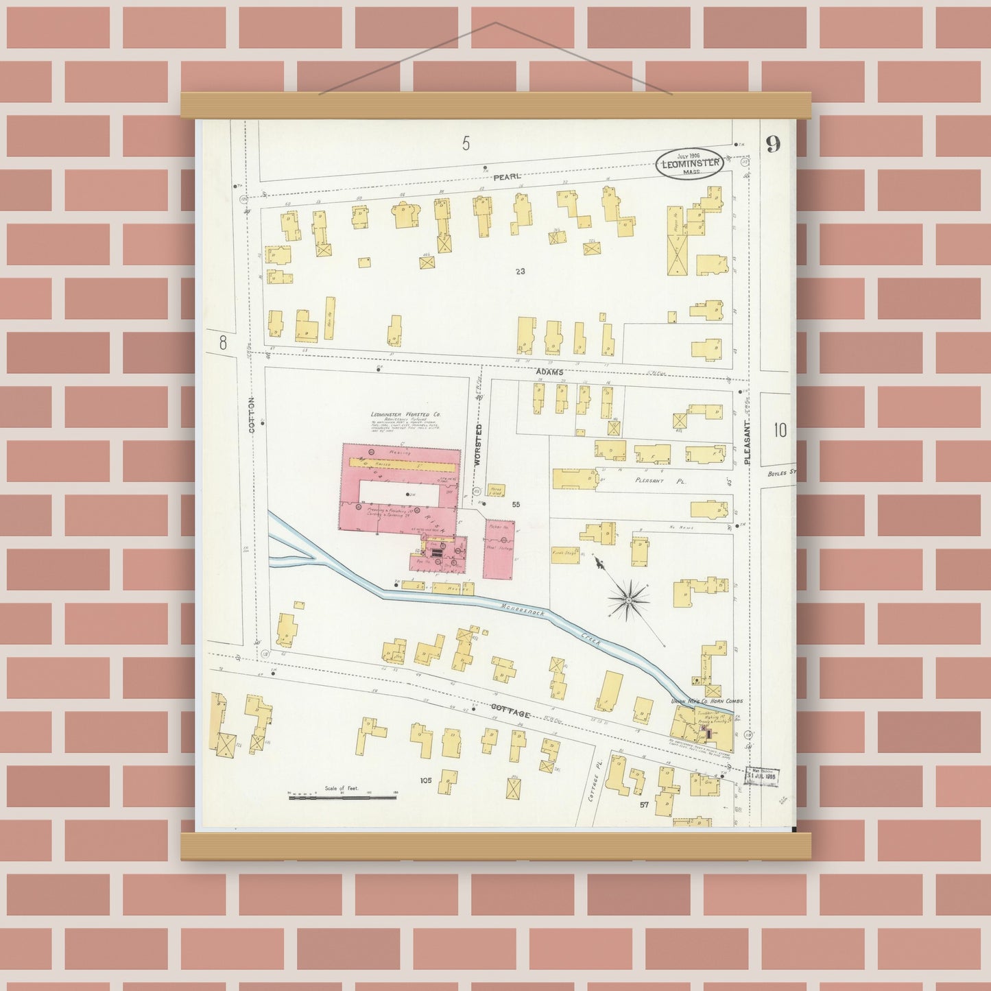 Old map wall art mockup — magnetic wood frame on brick wall — Sanborn Fire Insurance Map from Leominster, Worcester County, Massachusetts (1906), Sheet #0009