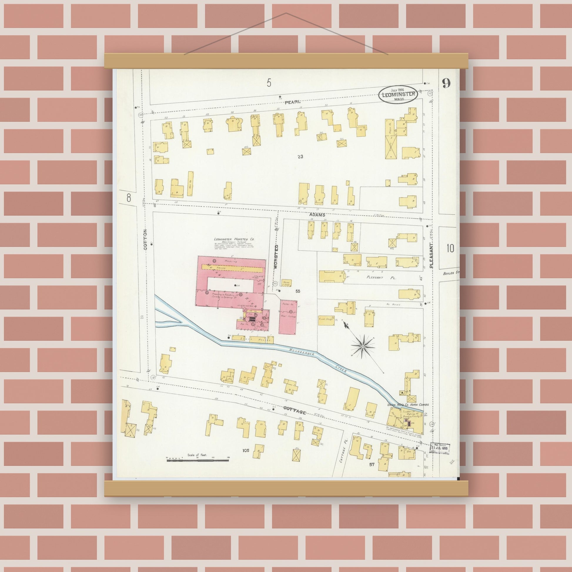 Old map wall art mockup — magnetic wood frame on brick wall — Sanborn Fire Insurance Map from Leominster, Worcester County, Massachusetts (1906), Sheet #0009