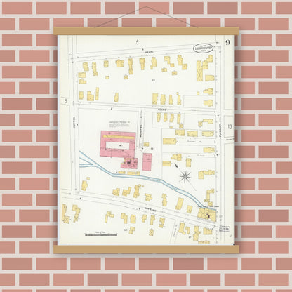 Old map wall art mockup — magnetic wood frame on brick wall — Sanborn Fire Insurance Map from Leominster, Worcester County, Massachusetts (1906), Sheet #0009