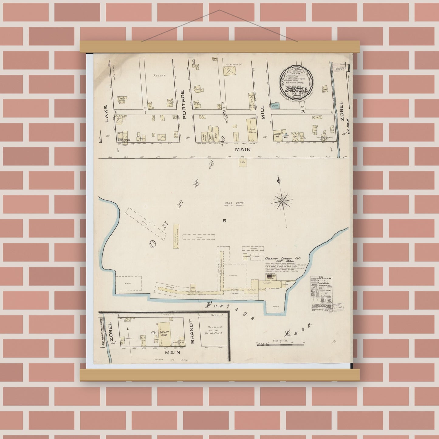 Old map wall art mockup — magnetic wood frame on brick wall — Sanborn Fire Insurance Map from Onekama, Manistee County, Michigan (1885) - Complete Map Set