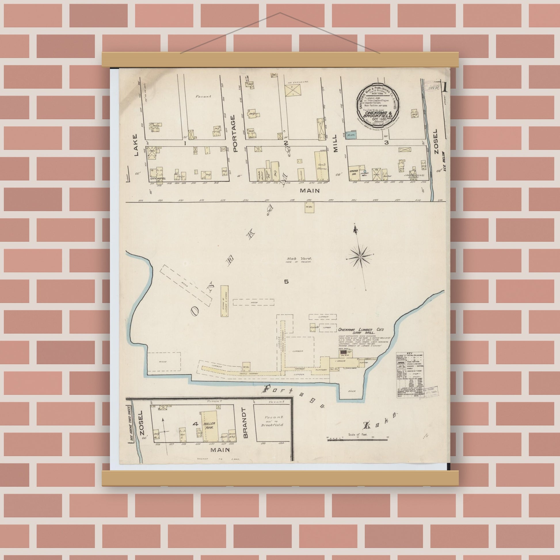 Old map wall art mockup — magnetic wood frame on brick wall — Sanborn Fire Insurance Map from Onekama, Manistee County, Michigan (1885) - Complete Map Set