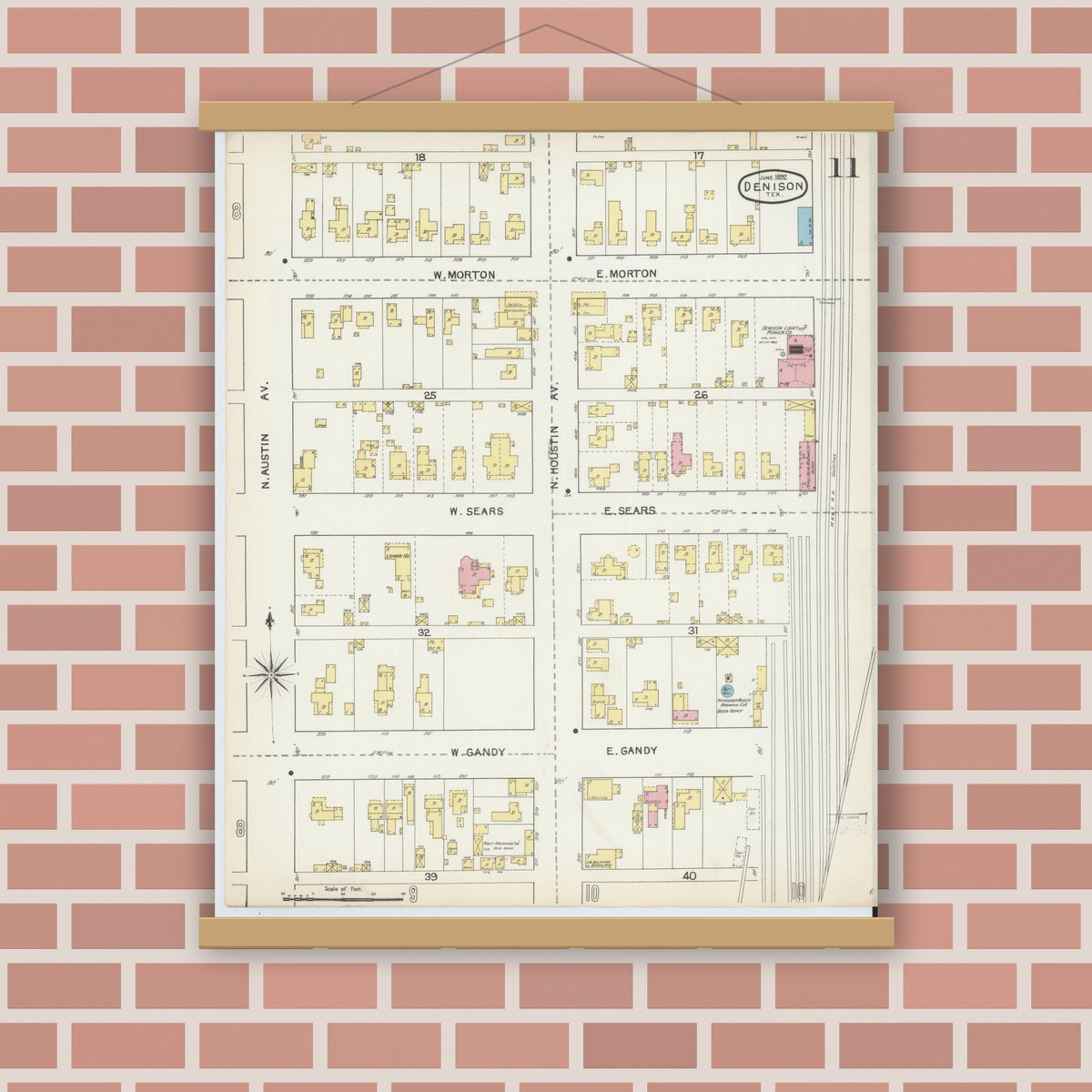 Old map wall art mockup — magnetic wood frame on brick wall — Sanborn Fire Insurance Map from Denison, Grayson County, Texas (1892), Sheet #0011