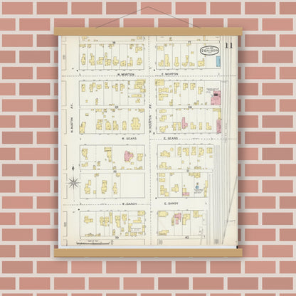 Old map wall art mockup — magnetic wood frame on brick wall — Sanborn Fire Insurance Map from Denison, Grayson County, Texas (1892), Sheet #0011