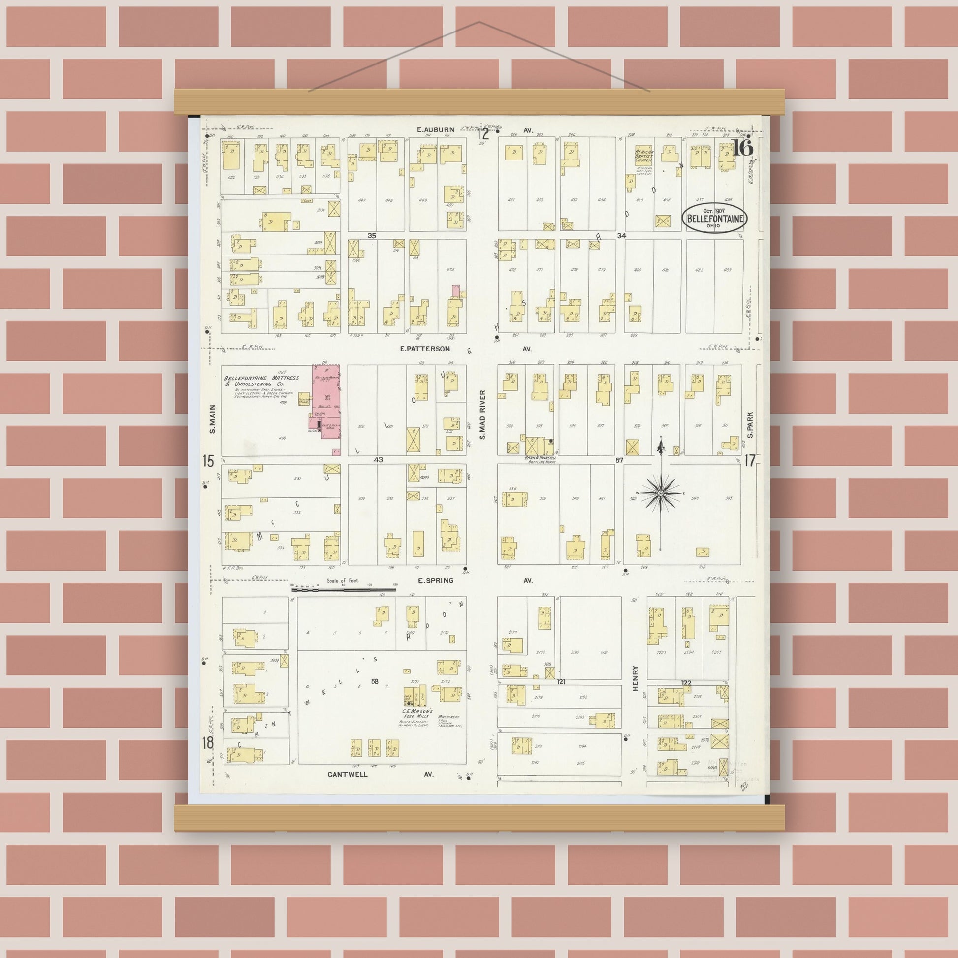 Old map wall art mockup — magnetic wood frame on brick wall — Sanborn Fire Insurance Map from Bellefontaine, Logan County, Ohio (1907), Sheet #0016