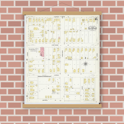 Old map wall art mockup — magnetic wood frame on brick wall — Sanborn Fire Insurance Map from Bellefontaine, Logan County, Ohio (1907), Sheet #0016