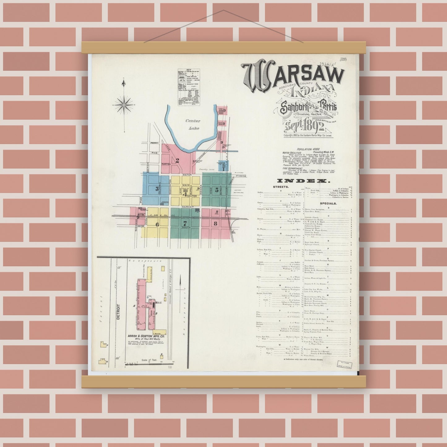 Old map wall art mockup — magnetic wood frame on brick wall — Sanborn Fire Insurance Map from Warsaw, Kosciusko County, Indiana (1892) - Complete Map Set
