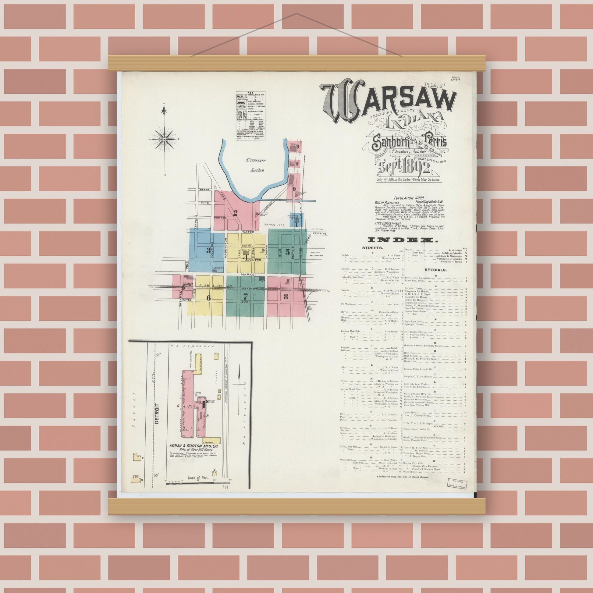 Old map wall art mockup — magnetic wood frame on brick wall — Sanborn Fire Insurance Map from Warsaw, Kosciusko County, Indiana (1892) - Complete Map Set