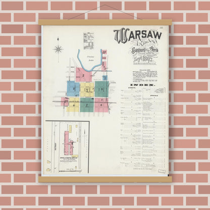 Old map wall art mockup — magnetic wood frame on brick wall — Sanborn Fire Insurance Map from Warsaw, Kosciusko County, Indiana (1892) - Complete Map Set