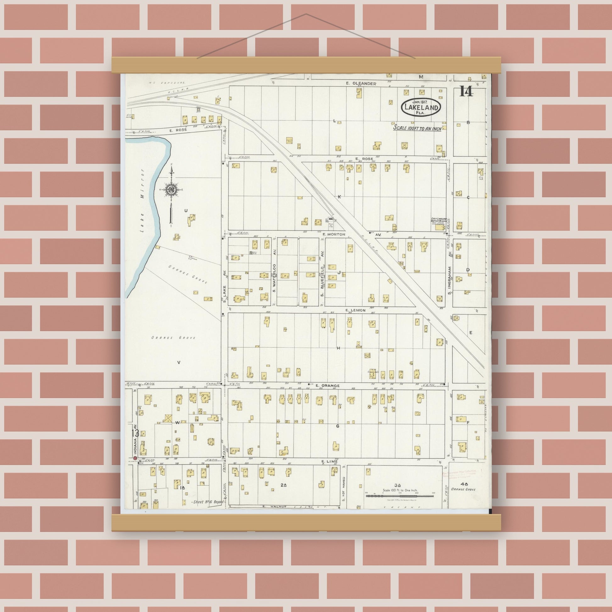 Old map wall art mockup — magnetic wood frame on brick wall — Sanborn Fire Insurance Map from Lakeland, Polk County, Florida (1917), Sheet #0014
