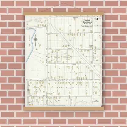 Old map wall art mockup — magnetic wood frame on brick wall — Sanborn Fire Insurance Map from Lakeland, Polk County, Florida (1917), Sheet #0014