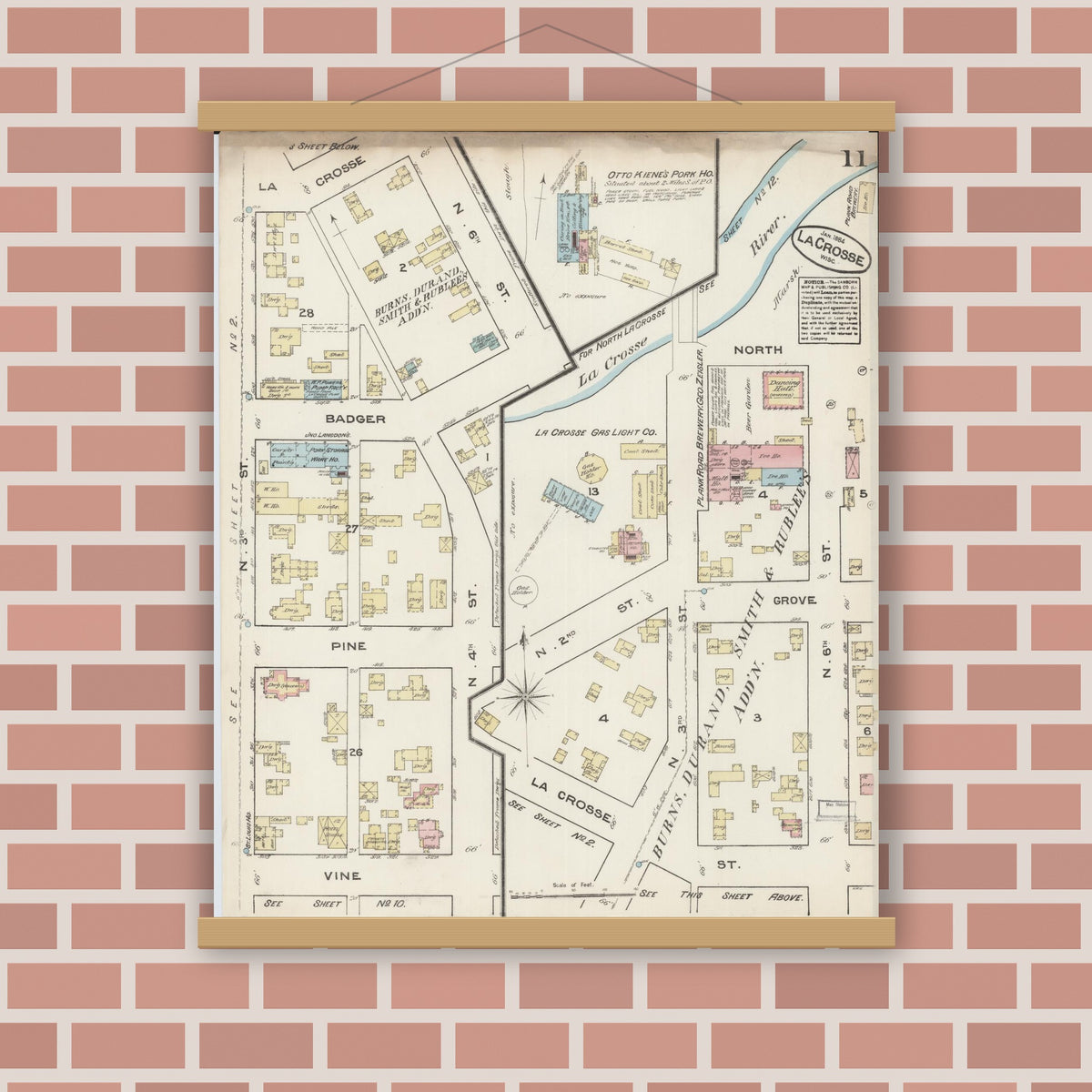 Old map wall art mockup — magnetic wood frame on brick wall — Sanborn Fire Insurance Map from La Crosse, La Crosse County, Wisconsin (1884), Sheet #0011