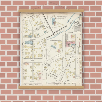 Old map wall art mockup — magnetic wood frame on brick wall — Sanborn Fire Insurance Map from La Crosse, La Crosse County, Wisconsin (1884), Sheet #0011