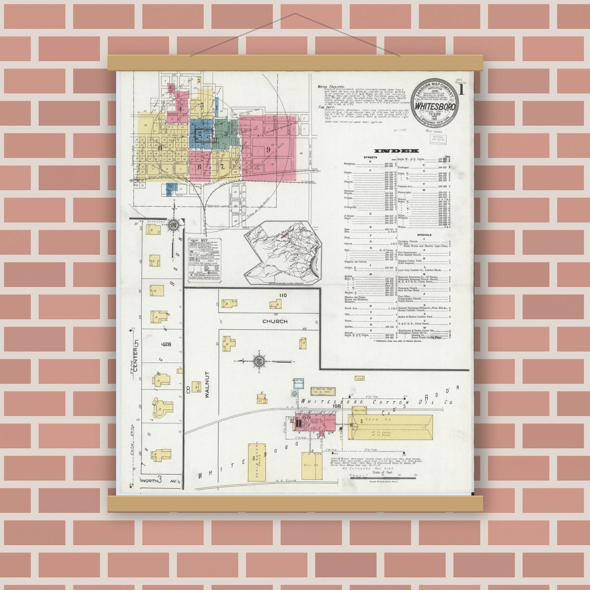 Old map wall art mockup — magnetic wood frame on brick wall — Sanborn Fire Insurance Map from Whitesboro, Grayson County, Texas (1921) - Complete Map Set