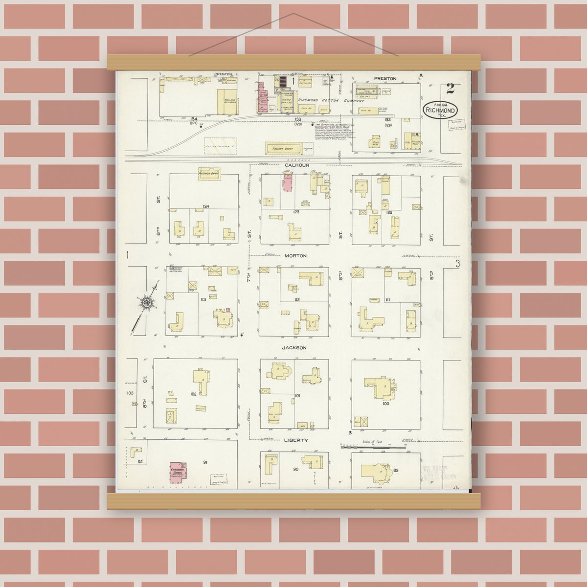 Old map wall art mockup — magnetic wood frame on brick wall — Sanborn Fire Insurance Map from Richmond, Fort Bend County, Texas (1914), Sheet #0002