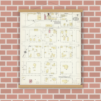 Old map wall art mockup — magnetic wood frame on brick wall — Sanborn Fire Insurance Map from Richmond, Fort Bend County, Texas (1914), Sheet #0002