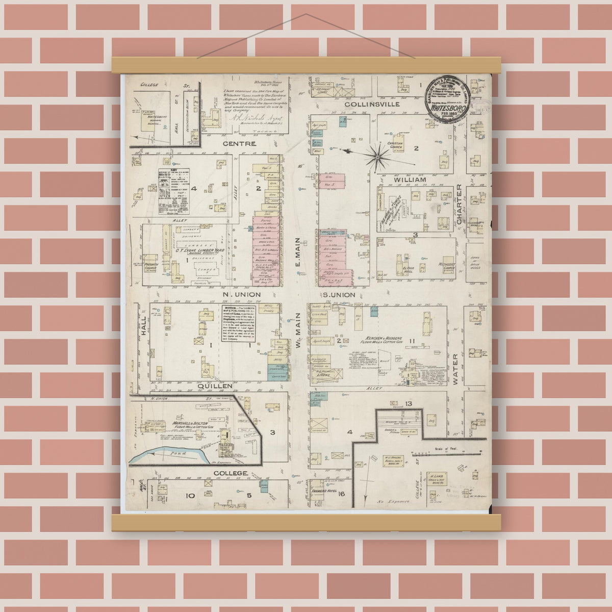 Old map wall art mockup — magnetic wood frame on brick wall — Sanborn Fire Insurance Map from Whitesboro, Grayson County, Texas (1885), Sheet #0001