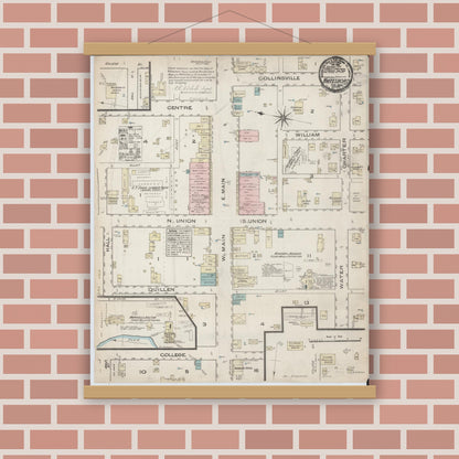 Old map wall art mockup — magnetic wood frame on brick wall — Sanborn Fire Insurance Map from Whitesboro, Grayson County, Texas (1885), Sheet #0001