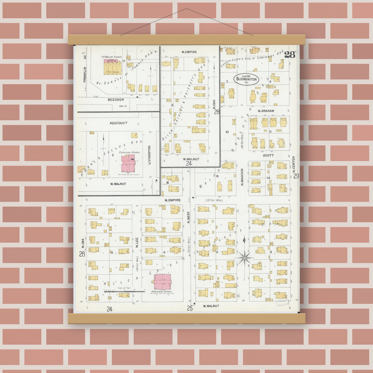 Old map wall art mockup — magnetic wood frame on brick wall — Sanborn Fire Insurance Map from Bloomington, McLean County, Illinois (1901), Sheet #0028