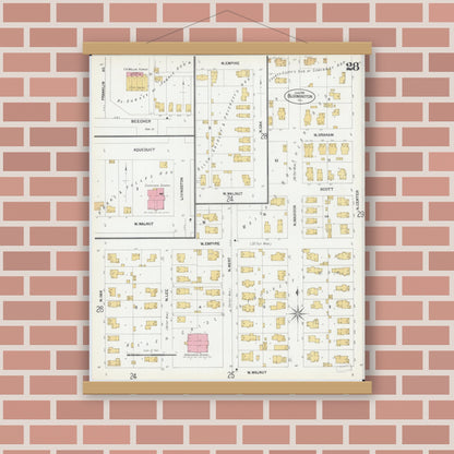 Old map wall art mockup — magnetic wood frame on brick wall — Sanborn Fire Insurance Map from Bloomington, McLean County, Illinois (1901), Sheet #0028