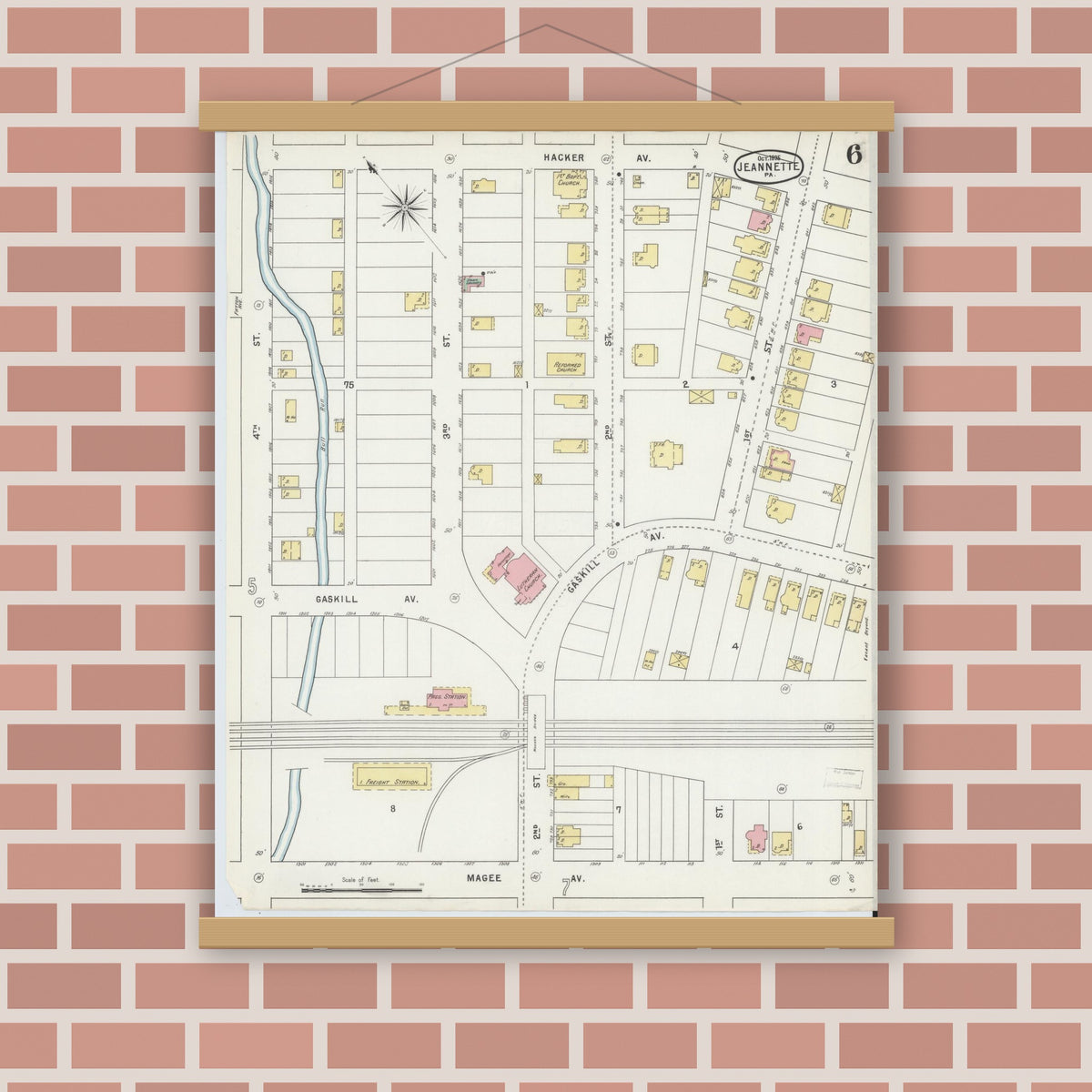 Old map wall art mockup — magnetic wood frame on brick wall — Sanborn Fire Insurance Map from Jeannette, Westmoreland County, Pennsylvania (1895), Sheet #0006